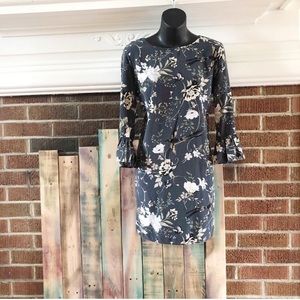 Bird Print Dress with Flounce Sleeve